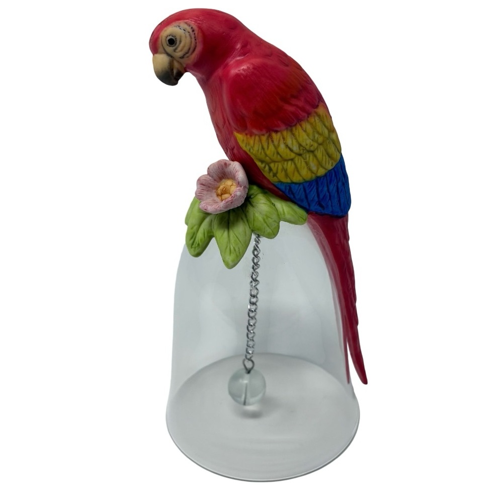 Parrot Bird Ceramic Figurine on Crystal Glass Bell Silver Tone Chain Glass Ball